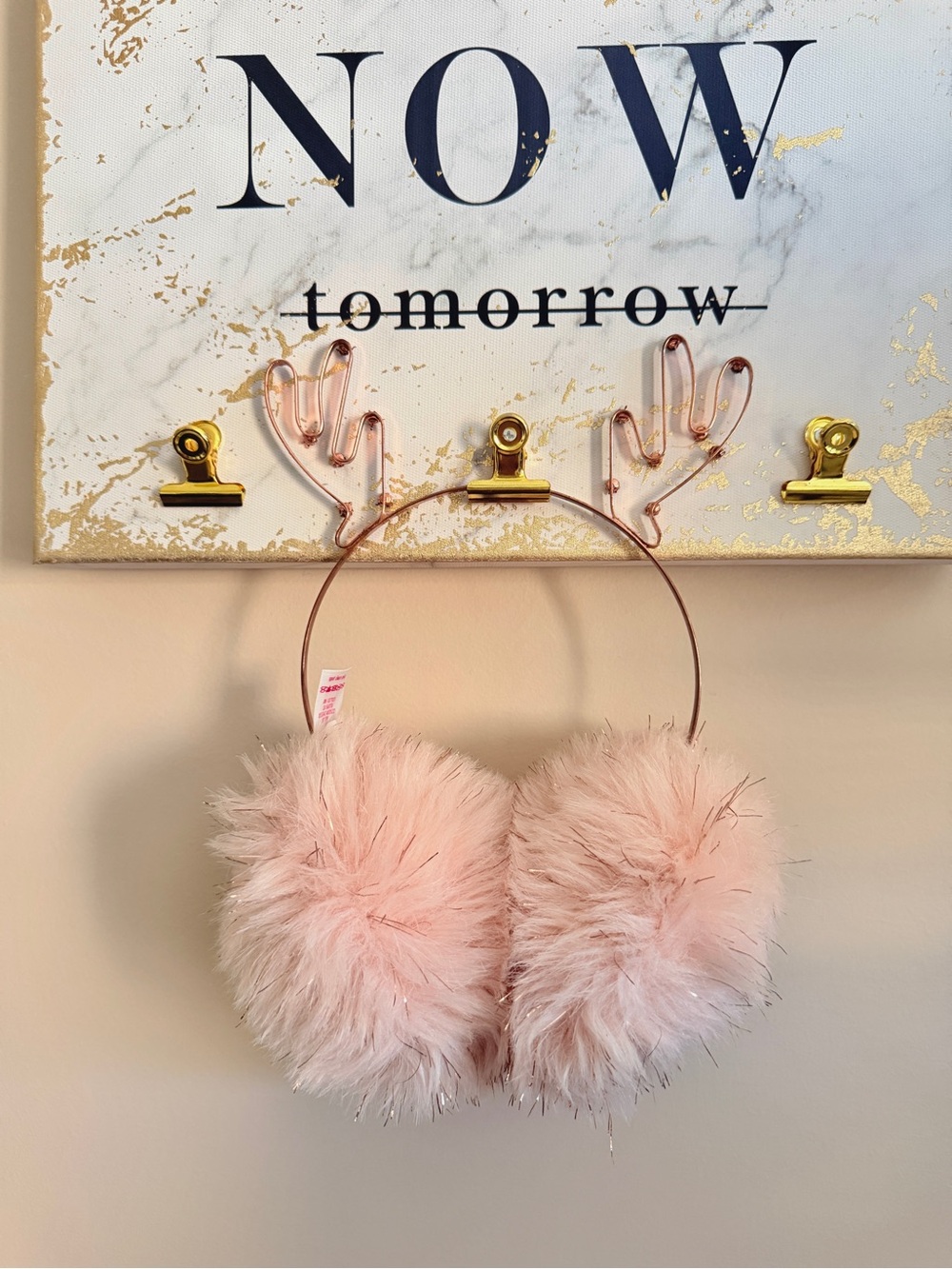 Cute Fluffy Pink Faux Fur Pink Earmuffs with Reindeer Antler Headband